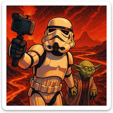 make digital poster art of Camera POV, Starwars stormtroopers vlogging selfie, he is walking on lava planet with yoda
 sticker