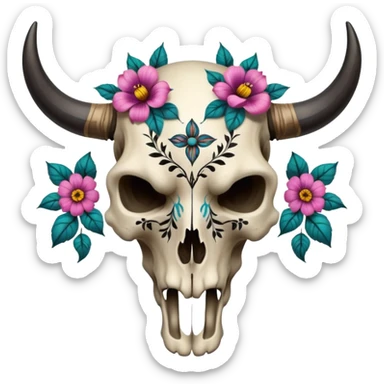 Aesthetic tattooed bull skull cranium with flowers, black painted pattern markings  sticker