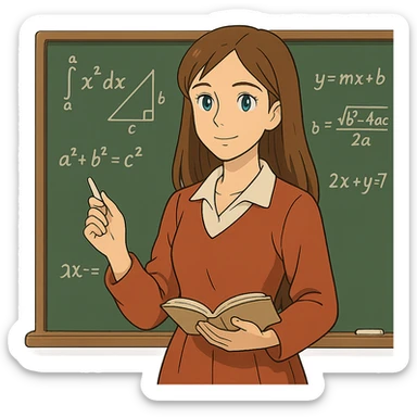 ghibli style female math teacher, brown straight hair, blue eyes, Caucasian, no glasses, at chalkboard sticker