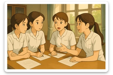 Four nursing students in collaborative discussion indoors, white short-sleeve uniforms with V-neck and left chest pocket, bare forearms, long hair tied back, no stethoscopes or collar stand, resembling reference faces, Ghibli style sticker