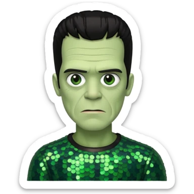 Frankenstein with black hair, dark green sequin outfit sticker