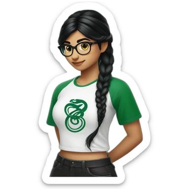 Mia Khalifa black braid white tshirt green sleeves slytherin emblem sticker