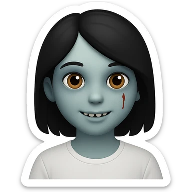 Create an image of a zombie girl with black hair wearing a white t-shirt, minimal blood, in the style of Apple emojis, with no background, with a different facial expression. sticker