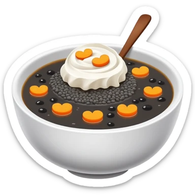 Black sesame soup sweet dessert in bowl, simplified emoji style with bold outlines and bright colors, cartoon style Zhi Ma Hu traditional Chinese treat sticker