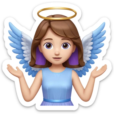 Cute 3D angel emoji, brown hair, glowing halo, small blue-white wings, pastel purple dress, hands raised, big expressive eyes, soft lighting, glossy texture, Pixar style, high detail sticker