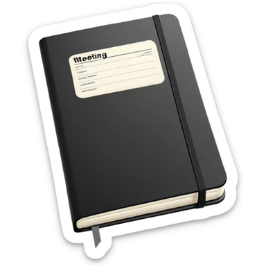 An open black Moleskine notebook with meeting agenda written at the top and clearly visible bullet points below sticker