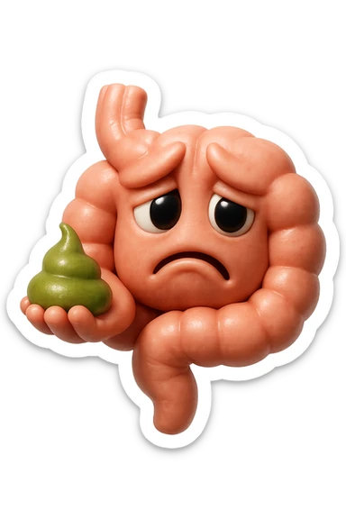 emoji stile iphone 3d di un intestino con espressione triste con cacca verde e liquida in mano , iperrealistiche 4k sticker
