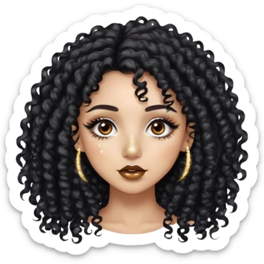 LightSkin girl with long black curly hair brown eyes nose ring on left nose brown lip liner shiny lips with glitter and long eye lashes sticker