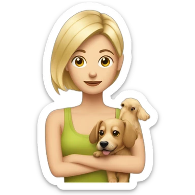 mujer rubia de pelo corto con su perro pincher en brazos sticker