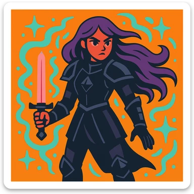 A mysterious warrior girl with flowing purple hair, dressed in black armor, with a magical aura, vibrant toon style. sticker