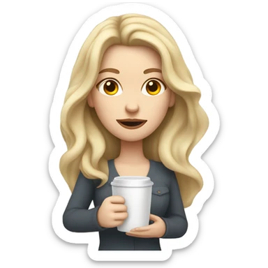 Woman, white skin, pale skin, long hair, blonde hair, wavy hair, tired expression, holding cup of coffee sticker
