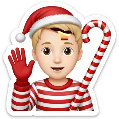 A boy waving a candy cane happily, sticker