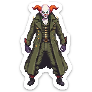evil clown soldier, bald, small black satan horns on forehead, fangs, pointed ears, eye patch over one eye, long coat over black and military green clothes with bellbottom pants, realistically proportioned, less bulky, full body, fighting stance sticker