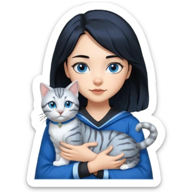 Girl with light skin, blue eyes, shoulder length straight black hair, wears a ravenclaw outfit, with a silver bengal cat holding in her arms sticker