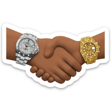 Emoji of a handshake, extreme close-up on wrists, oversized and flashy luxury watches, one silver iced-out Rolex, one gold iced-out Rolex, cartoon style, bold colors, focus on massive luxury watches, transparent background. sticker