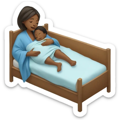 A pregnant woman resting on a hospital bed, holding her newborn baby wrapped snugly in a blue swaddle blanket.






 sticker