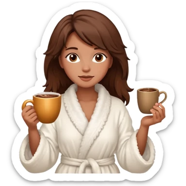 {
      "type": "human",
      "look": "fluffy robe woman, messy hair, holding cup of cocoa",
      "description": "a woman in a fluffy robe with messy hair, holding a cup of cocoa"
    } sticker