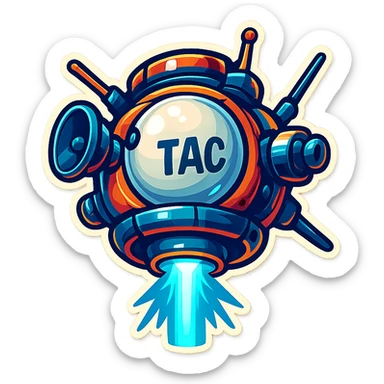 Tactical satellite in retro stickers style, with blue energy beam and extra antennas, bold outlines, and vibrant colors. sticker