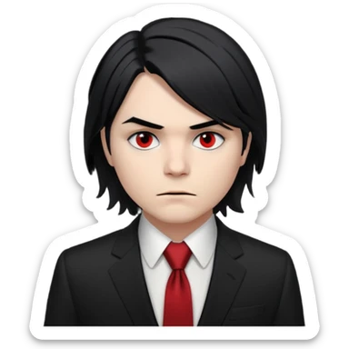🎨 Classic Emoji — Gerard Way (Revenge Era)
Round, simplified emoji style
Pale skin tone
Jet-black, shoulder-length hair
Heavy eyeliner and slight red shadow under the eyes
Subtle serious / melancholic expression
Hint of red tie visible on black suit
Transparent background sticker