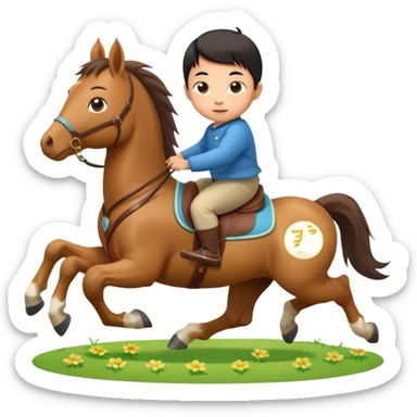 l little chinese baby riding on a  cute horse running really fast on the grass with 2026 year's label sticker