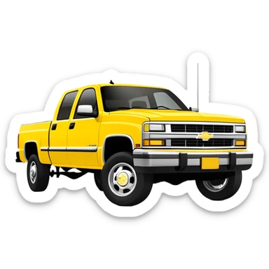 Iconic yellow 1997 Chevrolet C-2500 Crew Cab Silverado from Tarantino's Kill Bill, 30-degree perspective showing front and side, vibrant yellow paint job, minimalist style, iOS emoji sticker
