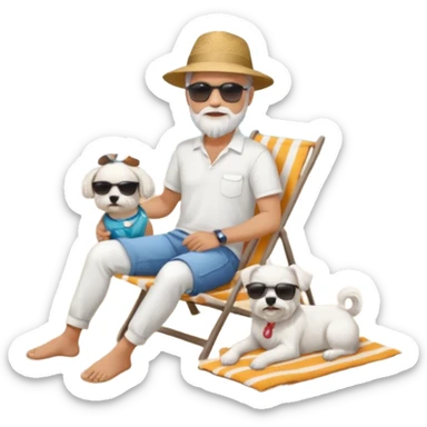 white man grey hair beard holding a white Maltese relaxing on a beach full body sticker