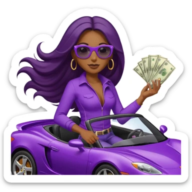 Black woman with long hair riding in a purple sports car with money falling sticker