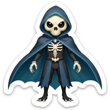 Shiny Dark Edgy  Duskull-Salandit-Inteleon-Fakémon-hybrid-creature (full body) with a bird-skull-mask and a cloak-cape sticker