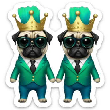 dog pug-in-gradient-green-blue-suit-with-and-black-sunglasses-standing-with-black-shoes with crown sticker