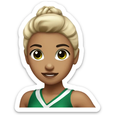 cheerleader with black hair in a high ponytail, somewhat tan skin, with a green and black bow sticker