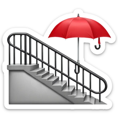 Red umbrella on stair railing, Lost Umbrella. sticker