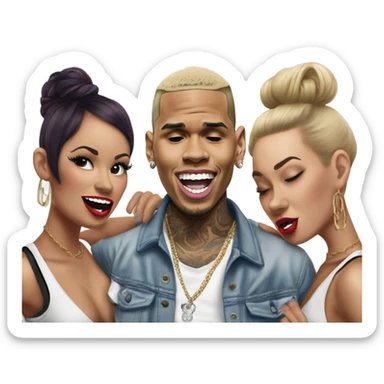 Hyper Realistic Chris Brown  singing with 2 female tattooed dancers sticker