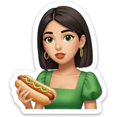 Create a picture of Dua Lipa in this green dress eating hot dogs sticker