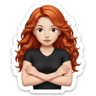 Athletic girl with long light red wavy hair and smaller boobs bigger arms not too big. middle part and black shirt sticker