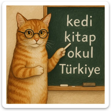A Turkish cat at a chalkboard, pointing to Turkish words, looking scholarly and helpful sticker