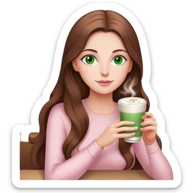 pretty woman with very long brown hair and green eyes and light pink outfit drinking a latte sticker