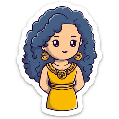 pretty Greek girl with big puffy long curly hair, gold statement earrings and necklace, cute modern dress sticker