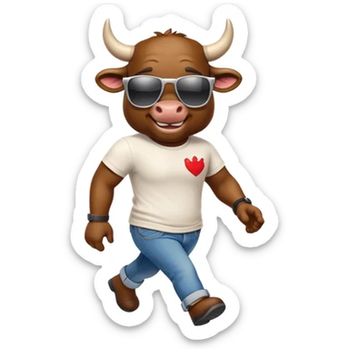 smiling bull character in jeans, t-shirt, and sunglasses, walking quickly sticker