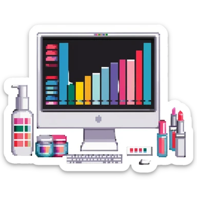 iMac computer with colorful bar charts and beauty products like lipstick, nail polish, cream jars on the screen sticker