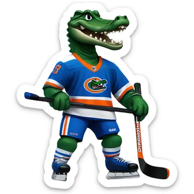 A gator playing hockey with a epic gators tv jersey and a visor sticker