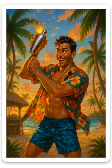 human male Unbuttoned Hawaiian shirt, swim trunks, shaking a cocktail shaker (sparks flying) sticker