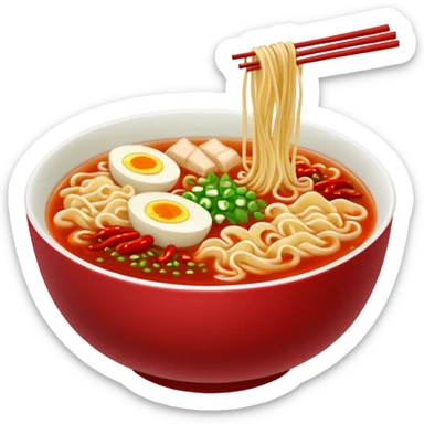 steaming ramen bowl with red broth and chili slices sticker