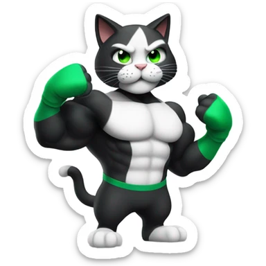 Ultra Muscular gigachad black and white Cat with green eyes flexing His biceps sticker