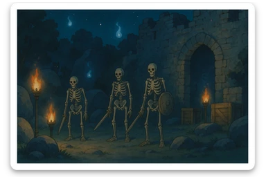 midnight within the ruins of abandoned castle yard, protrude boulders, amid iron torches and crates tucked behind, skeleton warriors, wisps, and wolves linger just in the edge of view behind scenery, very subtly, appearing safe with hidden threat sticker