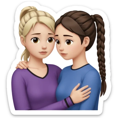 Comforting Hug two white skin women, one shorter woman with medium brown simple top ponytail, not braided, and one taller skinny sad face woman with a single long black side braid sticker