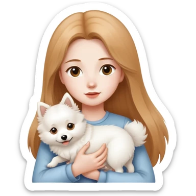 long light brown hair girl with pale skin holding one white Japanese spitz dog in her arms sticker