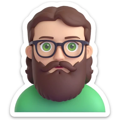 white male mid 30s green eyes black square glasses long brown beard with short brown hair sticker