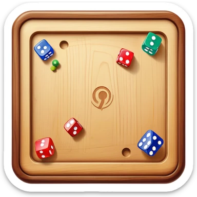 A photorealistic icon featuring a wooden board with a variety of game pieces, dice, a spinning top, and a set of colorful tokens. The design includes a rich, detailed texture of the board and game pieces, capturing the fun and strategy of different tabletop games. Transparent background. sticker