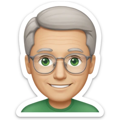 Man with receding hair, grey hair only on the sides, green eyes, rectangular reading glasses, rounded clear face, with a smile sticker