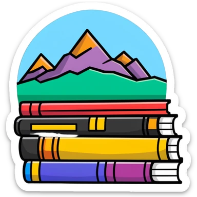 A mountain of books reaching high with colorful book spines visible sticker
